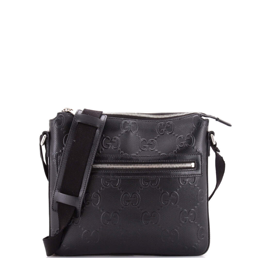 Gucci Small Front Zip Messenger GG Embossed Perforated Leather